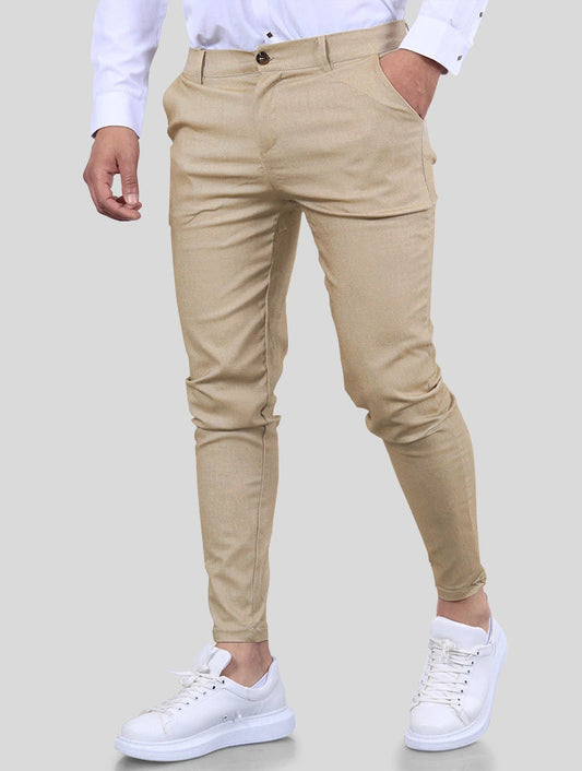 Men's Stretch Slim-Fit Pants in Khaki – front view | Hensley London