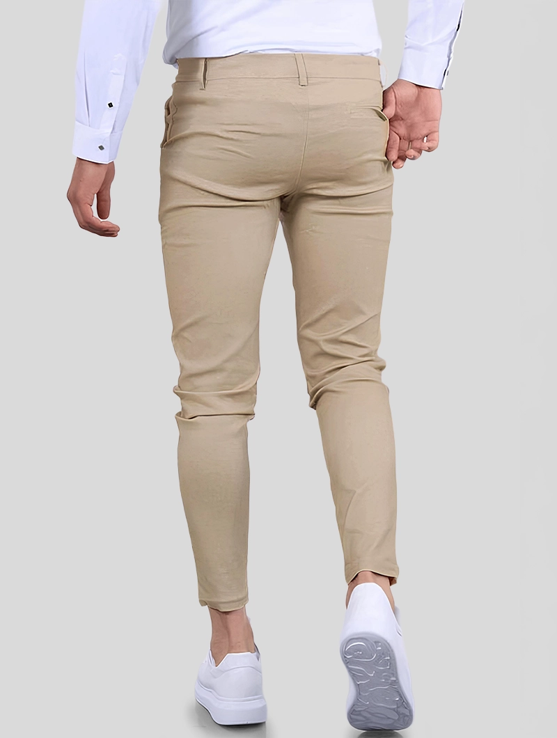 Men's Stretch Slim-Fit Pants in Khaki – side view | Hensley London
