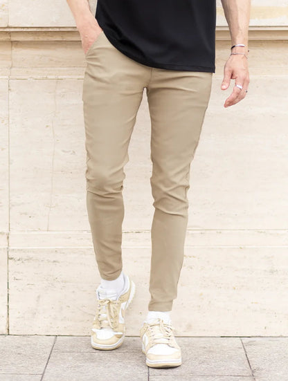 Men's Stretch Slim-Fit Pants in Khaki – back view | Hensley London