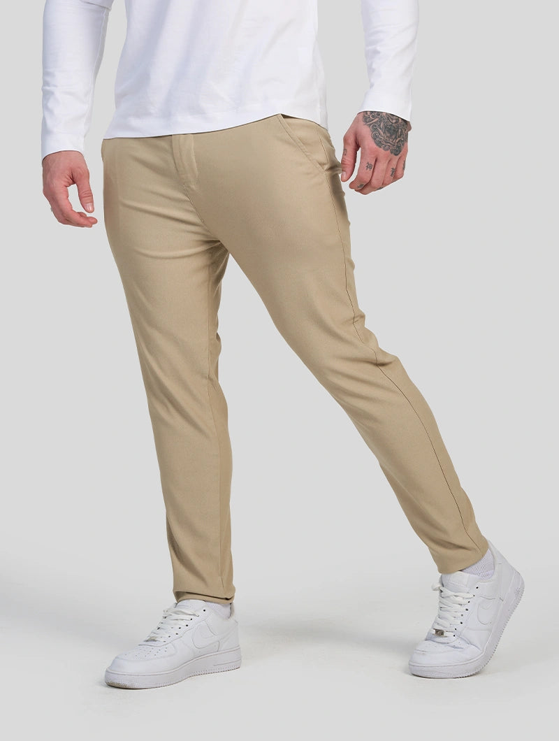 Men's Stretch Slim-Fit Pants in Khaki – styled view | Hensley London