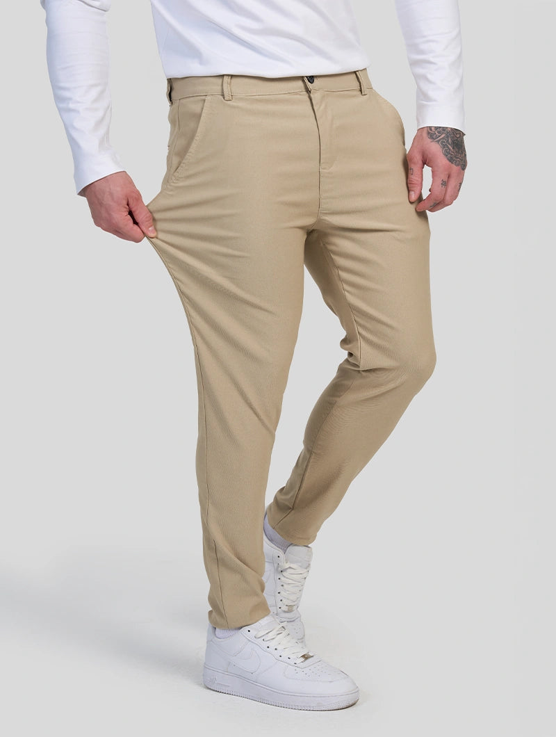 Men's Stretch Slim-Fit Pants in Khaki – angled view | Hensley London