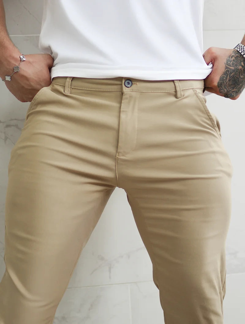 Men's Stretch Slim-Fit Pants in Khaki – front view | Hensley London