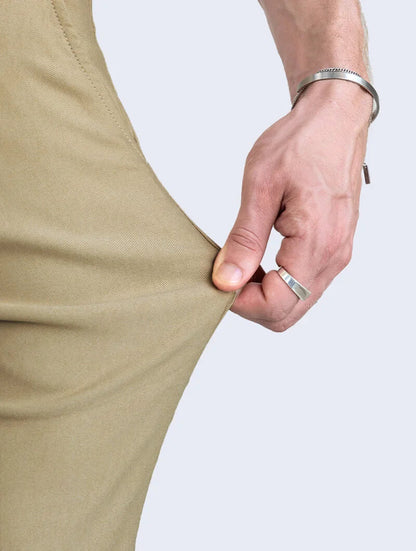 Men's Stretch Slim-Fit Pants in Khaki – side view | Hensley London