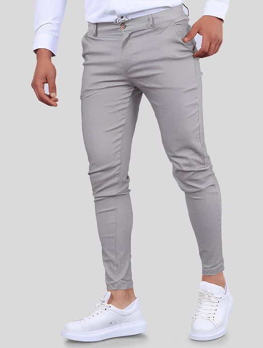 Men's 4-Way Stretch Slim Fit Pants in Light Grey – front view | Hensley London