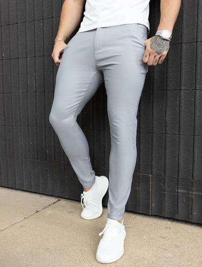 Men's 4-Way Stretch Slim Fit Pants in Light Grey – close-up view | Hensley London