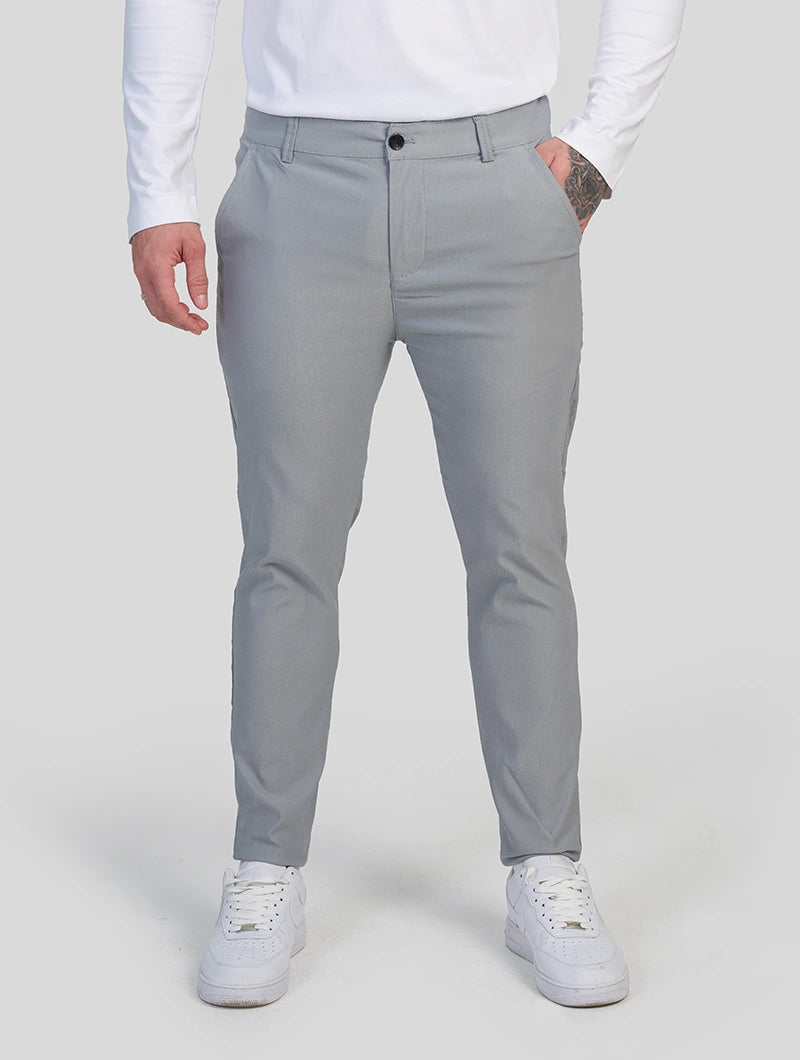 Men's 4-Way Stretch Slim Fit Pants in Light Grey – fabric detail | Hensley London