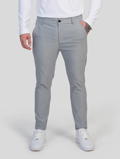 Men's 4-Way Stretch Slim Fit Pants in Light Grey – fabric detail | Hensley London
