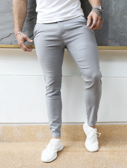 Men's 4-Way Stretch Slim Fit Pants in Light Grey – alternate view | Hensley London