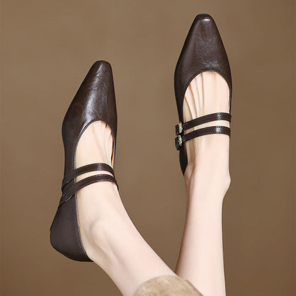 Women's Genuine Leather Dual-Strap Mary Jane Flats – product view | Hensley London