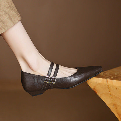 Women's Genuine Leather Dual-Strap Mary Jane Flats – product view | Hensley London