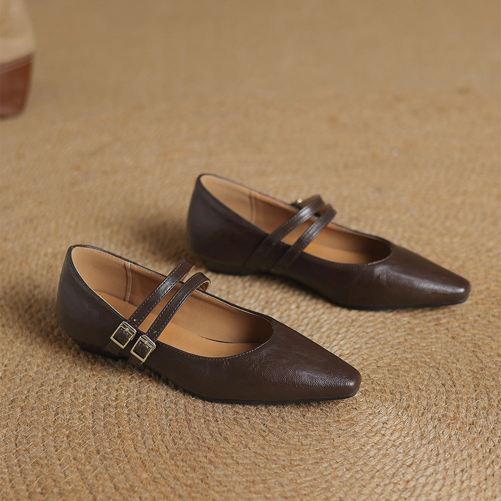 Women's Genuine Leather Dual-Strap Mary Jane Flats – product view | Hensley London