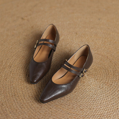 Women's Genuine Leather Dual-Strap Mary Jane Flats – product view | Hensley London