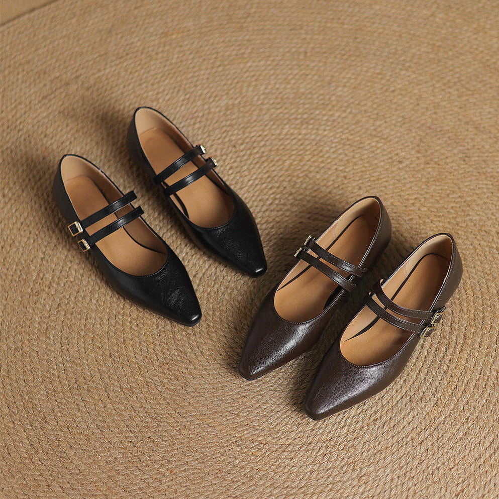 Women's Genuine Leather Dual-Strap Mary Jane Flats – product view | Hensley London