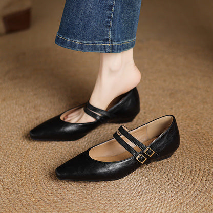 Women's Genuine Leather Dual-Strap Mary Jane Flats – product view | Hensley London