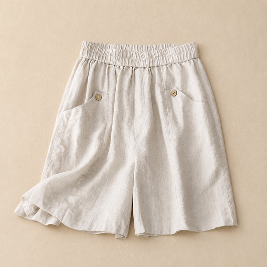 Women's Cotton Linen Elastic Waist Pocket Shorts in Apricot – front view | Hensley London