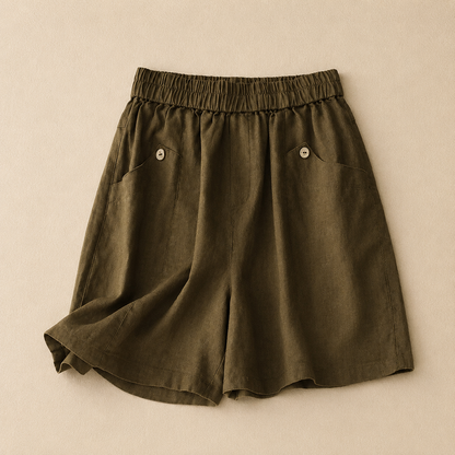 Women's Cotton Linen Elastic Waist Pocket Shorts in Brown – front view | Hensley London
