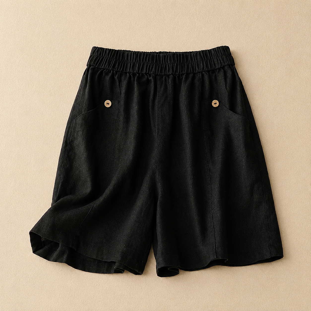 Women's Cotton Linen Elastic Waist Pocket Shorts in Black – front view | Hensley London