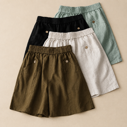 Women's Cotton Linen Elastic Waist Pocket Shorts – styled view | Hensley London