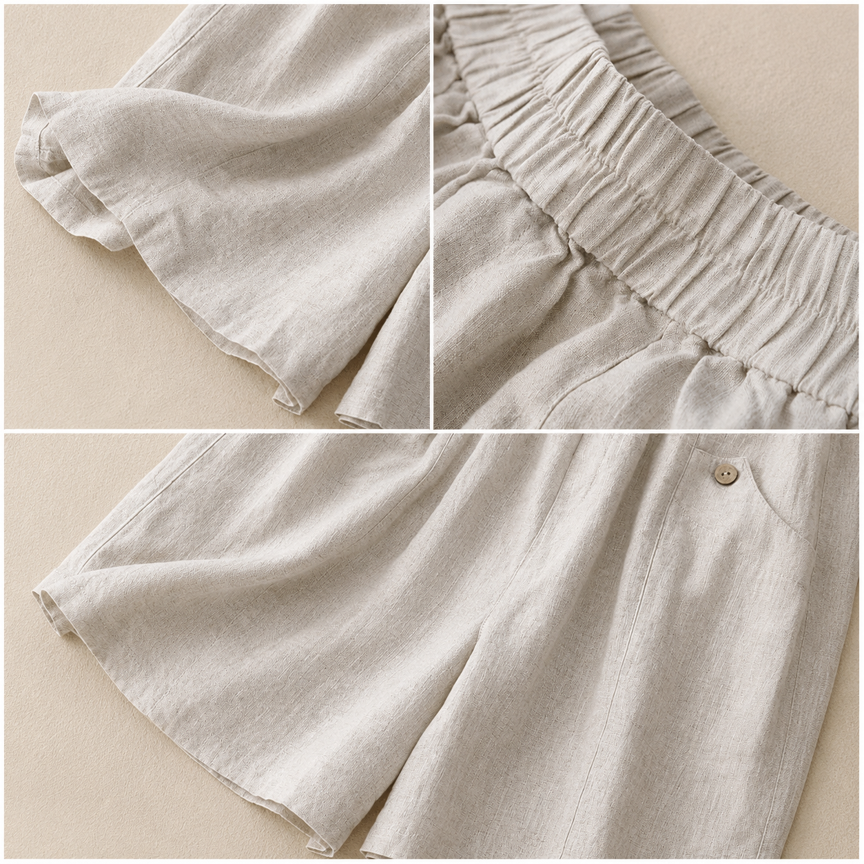 Women's Cotton Linen Elastic Waist Pocket Shorts – pocket detail view | Hensley London