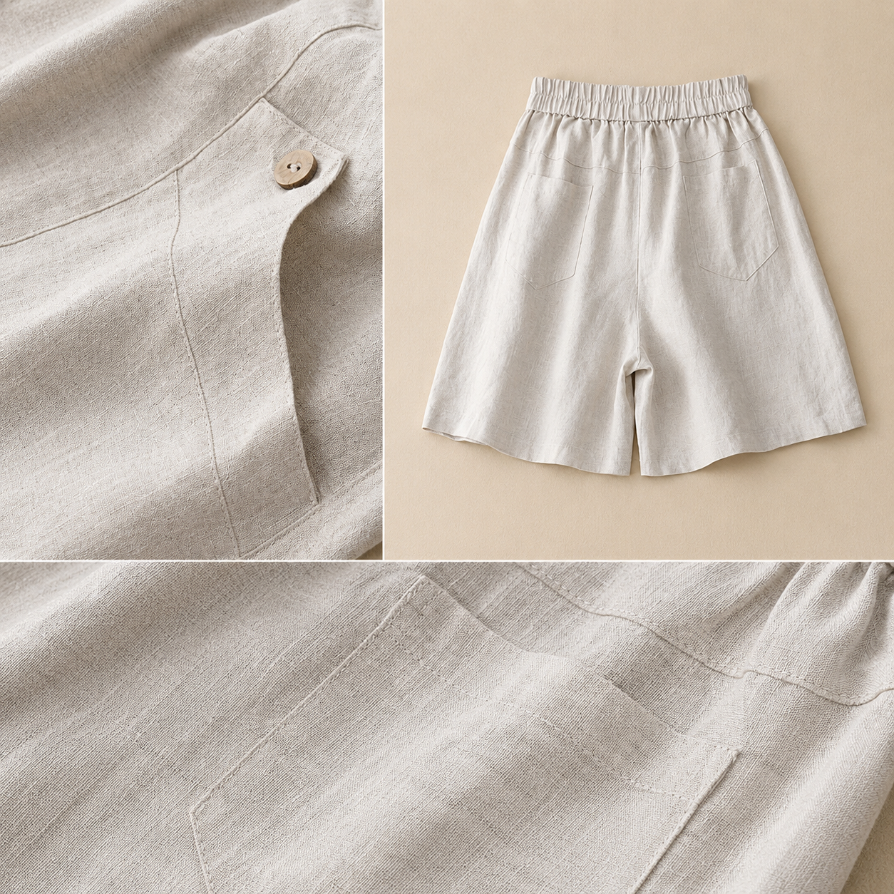 Women's Cotton Linen Elastic Waist Pocket Shorts – back view | Hensley London
