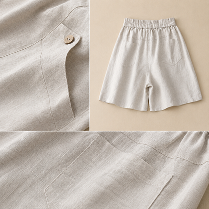 Women's Cotton Linen Elastic Waist Pocket Shorts – back view | Hensley London