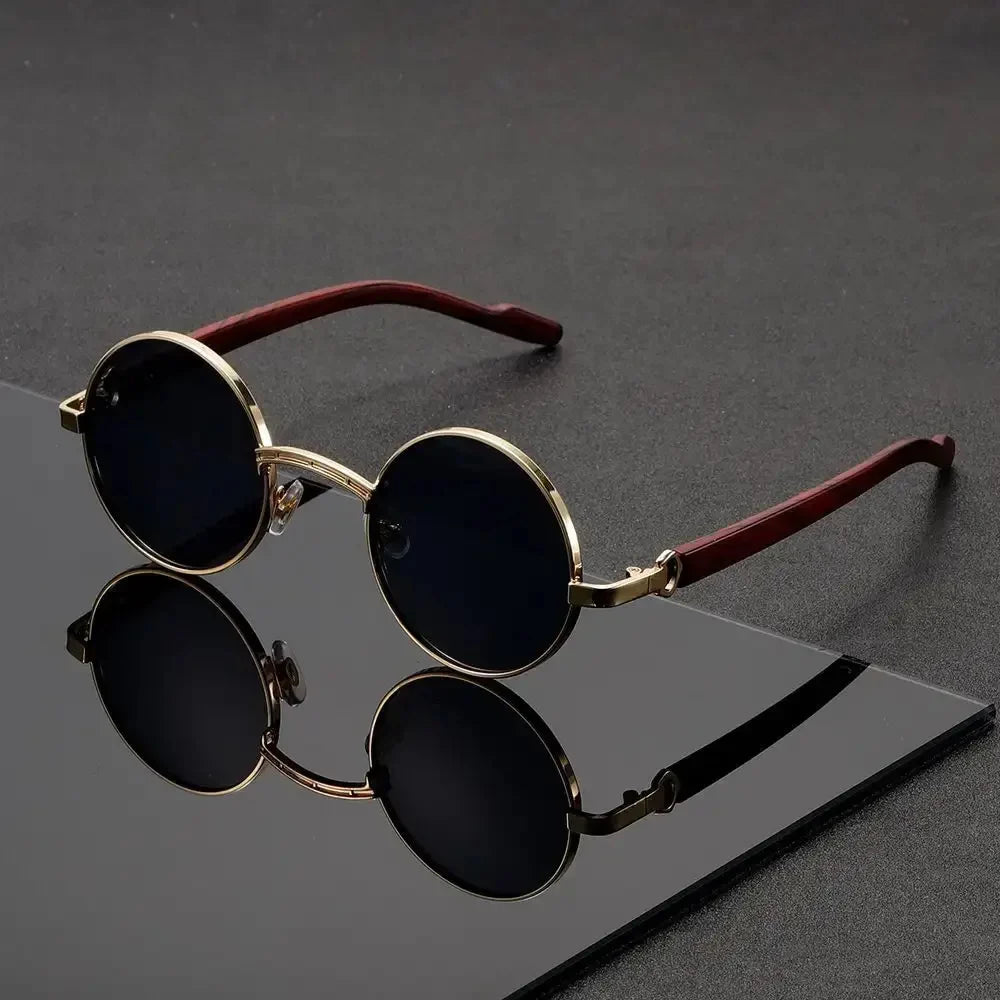 Round Metal-Frame Sunglasses in Gold – product view | Hensley London