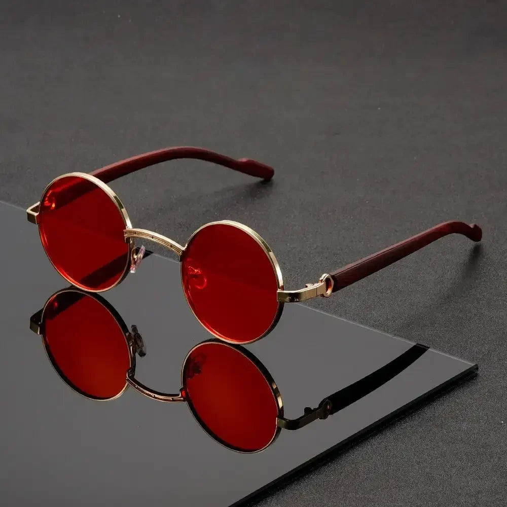 Round Metal-Frame Sunglasses in Red – product view | Hensley London