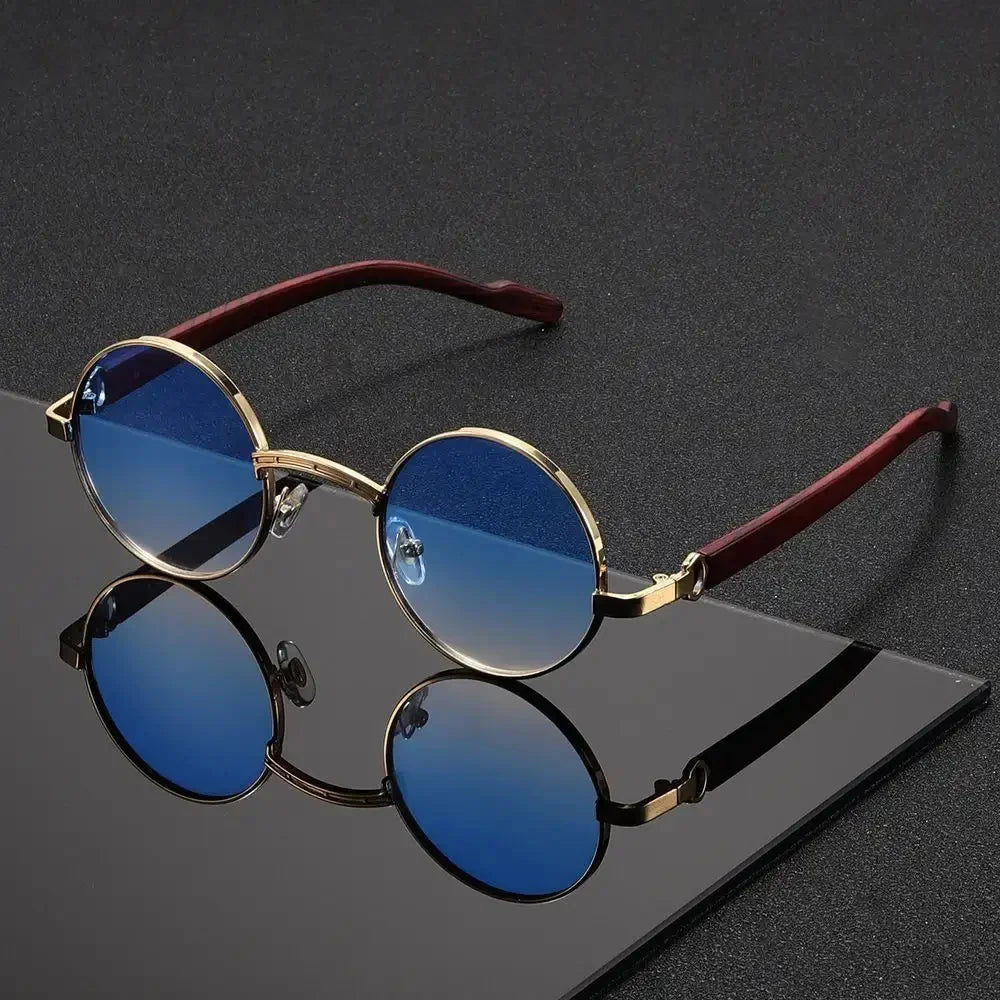 Round Metal-Frame Sunglasses in Blue – product view | Hensley London