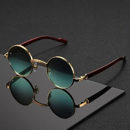 Round Metal-Frame Sunglasses in Green – product view | Hensley London