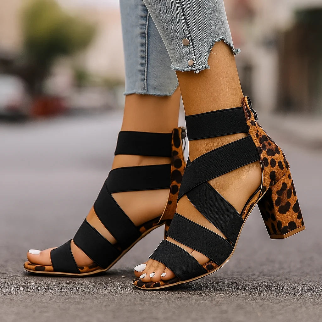 Women's Leopard-Accent Cross-Strap Block Heels in Yellow Leopard – Product view | Hensley London