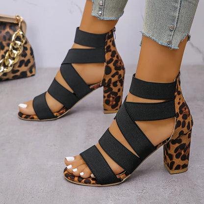 Women's Leopard-Accent Cross-Strap Block Heels – Product view | Hensley London