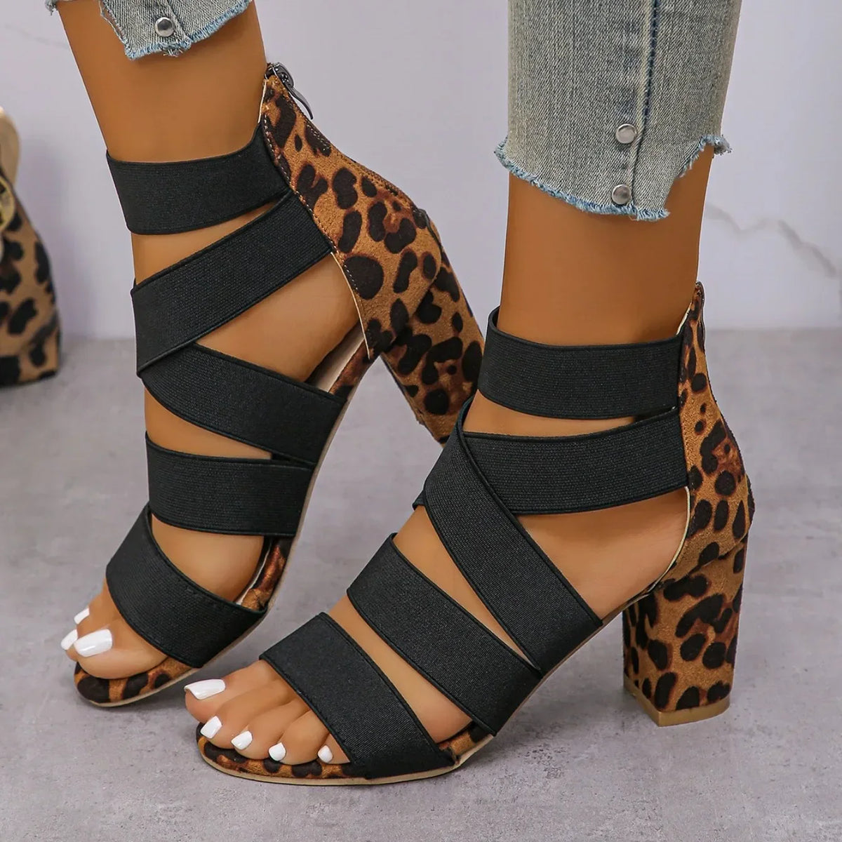 Women's Leopard-Accent Cross-Strap Block Heels – Product view | Hensley London