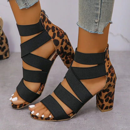 Women's Leopard-Accent Cross-Strap Block Heels – Product view | Hensley London