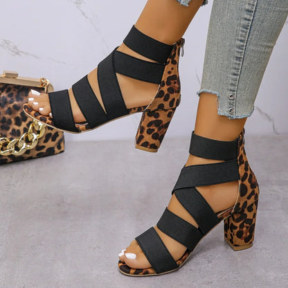 Women's Leopard-Accent Cross-Strap Block Heels – Product view | Hensley London