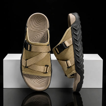 Men's Adjustable Crossover Slides in Beige – product view | Hensley London