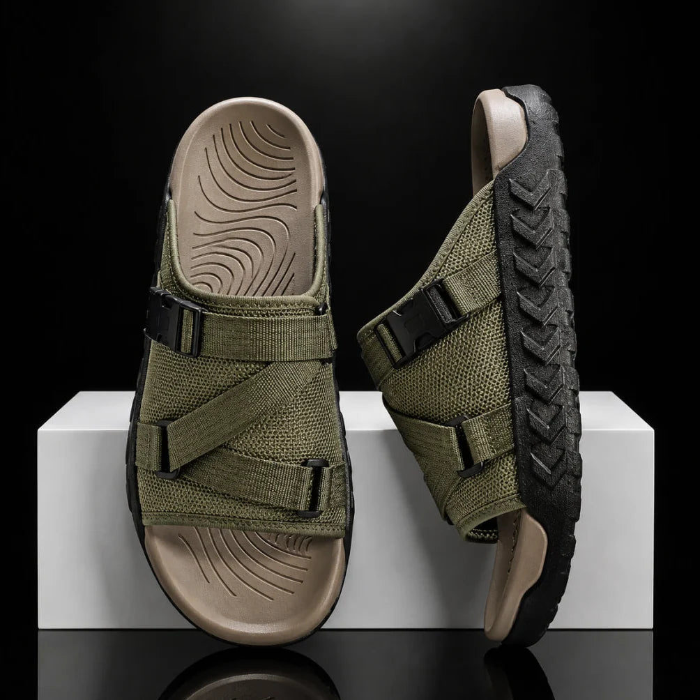 Men's Adjustable Crossover Slides in Green – product view | Hensley London