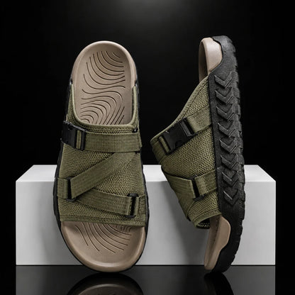 Men's Adjustable Crossover Slides in Green – product view | Hensley London