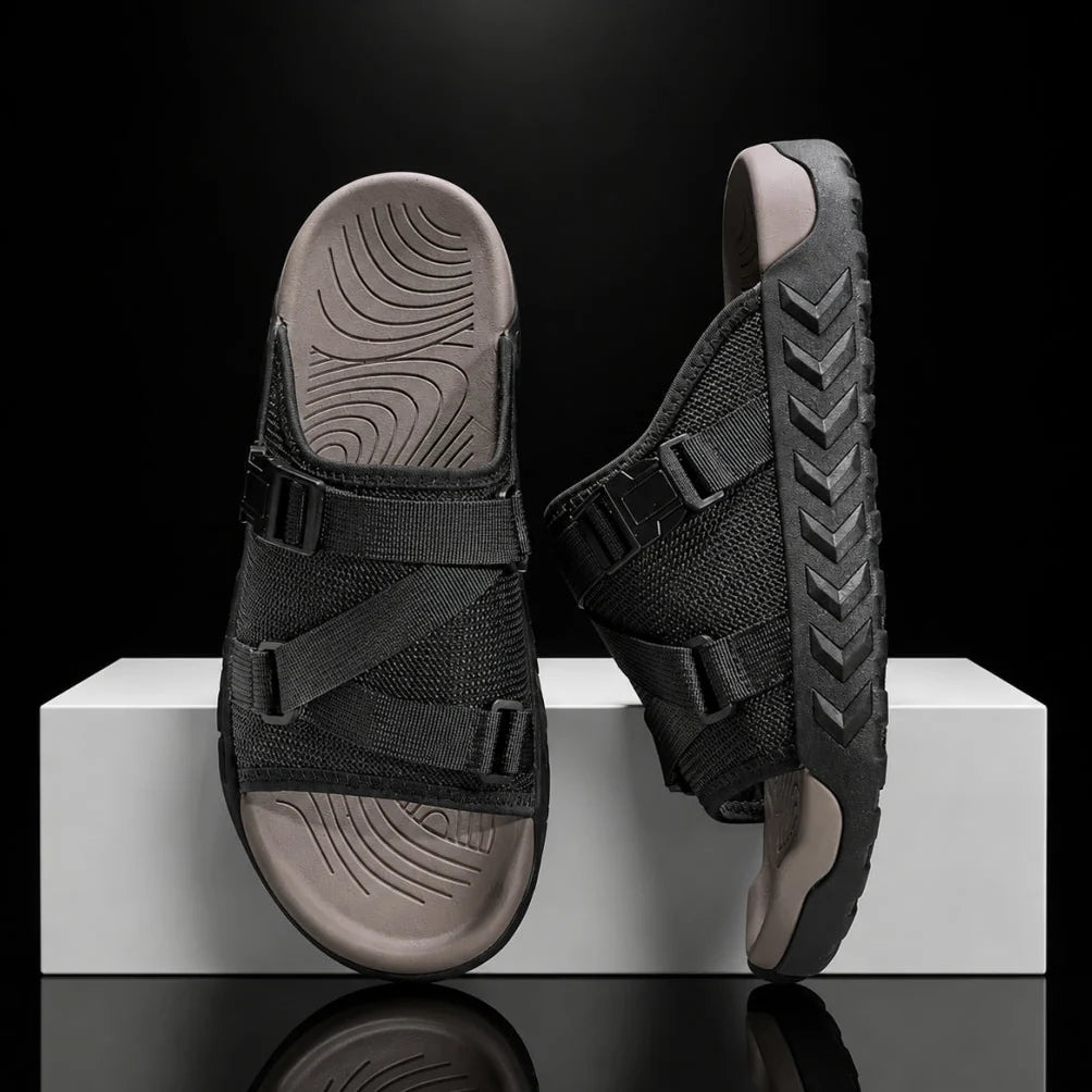 Men's Adjustable Crossover Slides in Black – product view | Hensley London