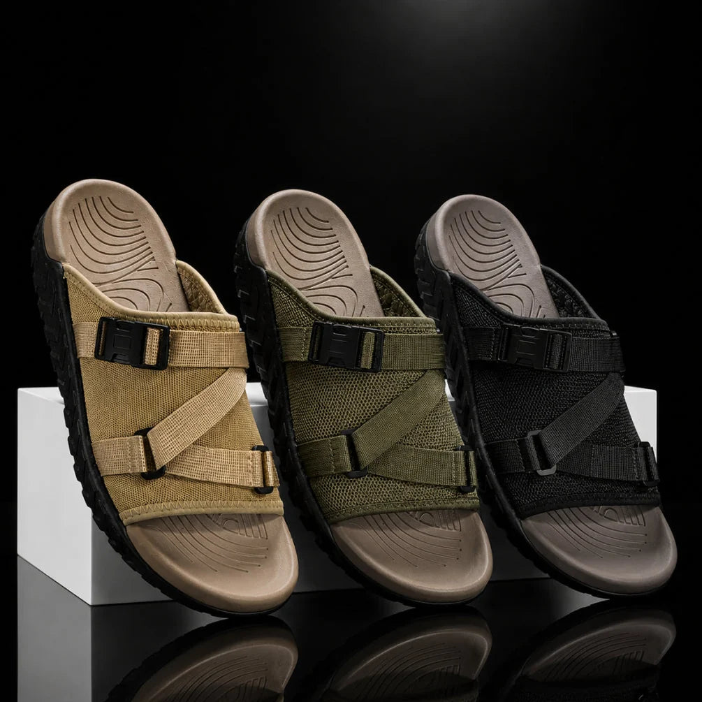 Men's Adjustable Crossover Slides – product view | Hensley London