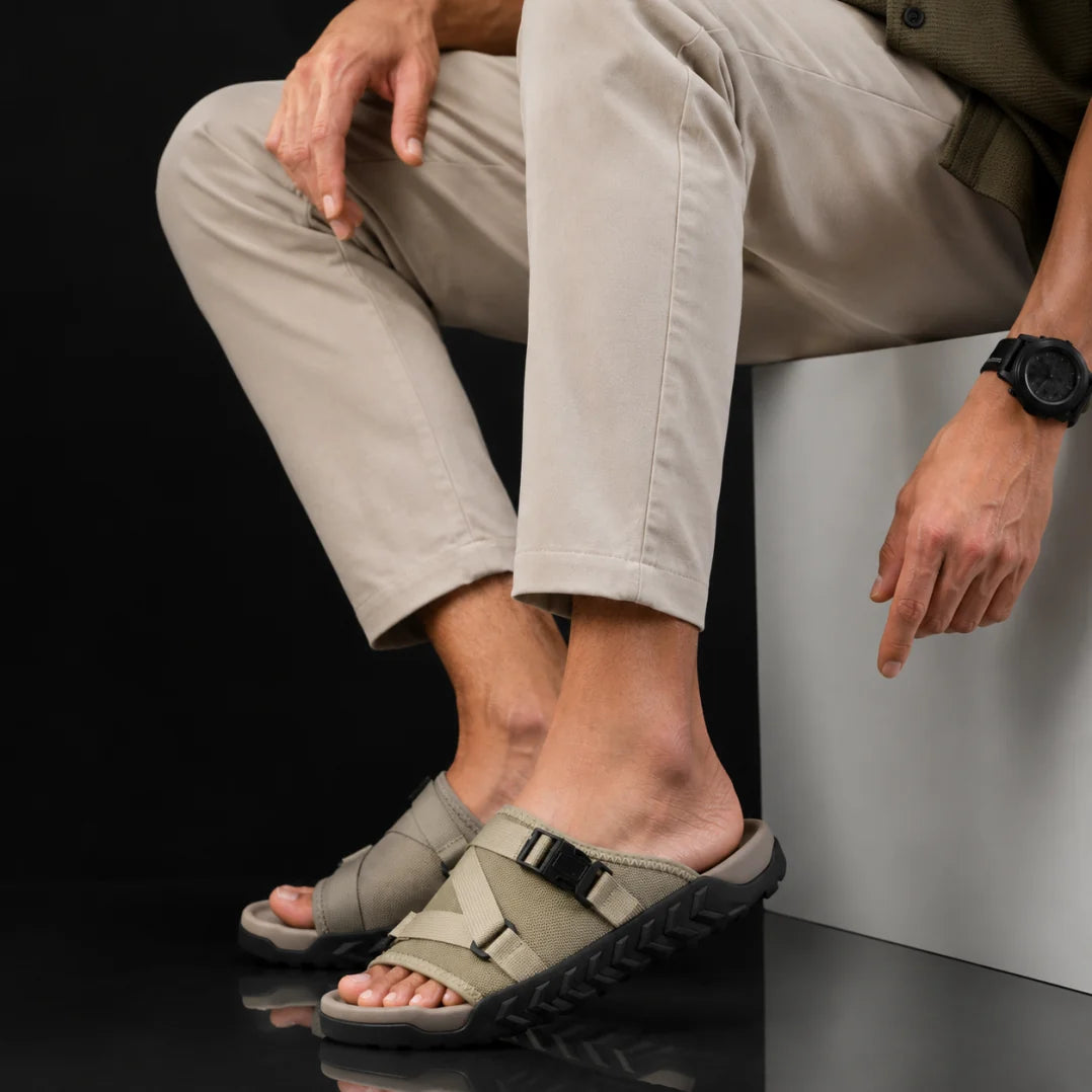 Men's Adjustable Crossover Slides – product view | Hensley London