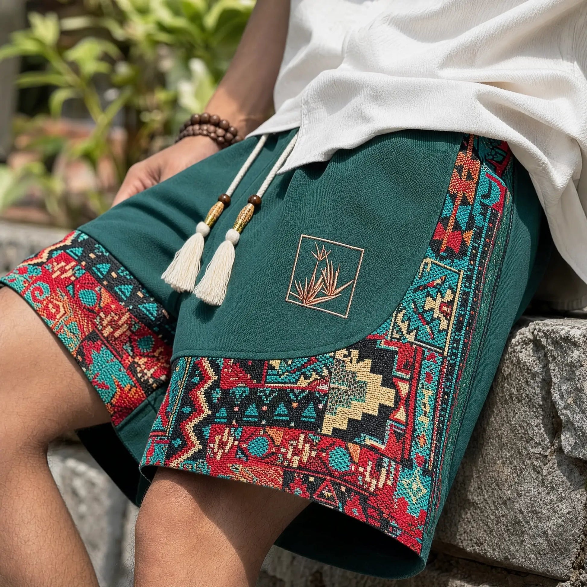Men's Tapestry Print Shorts in Green - front view | Hensley London