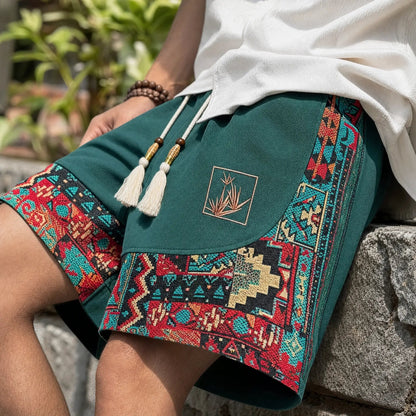 Men's Tapestry Print Shorts in Green - front view | Hensley London