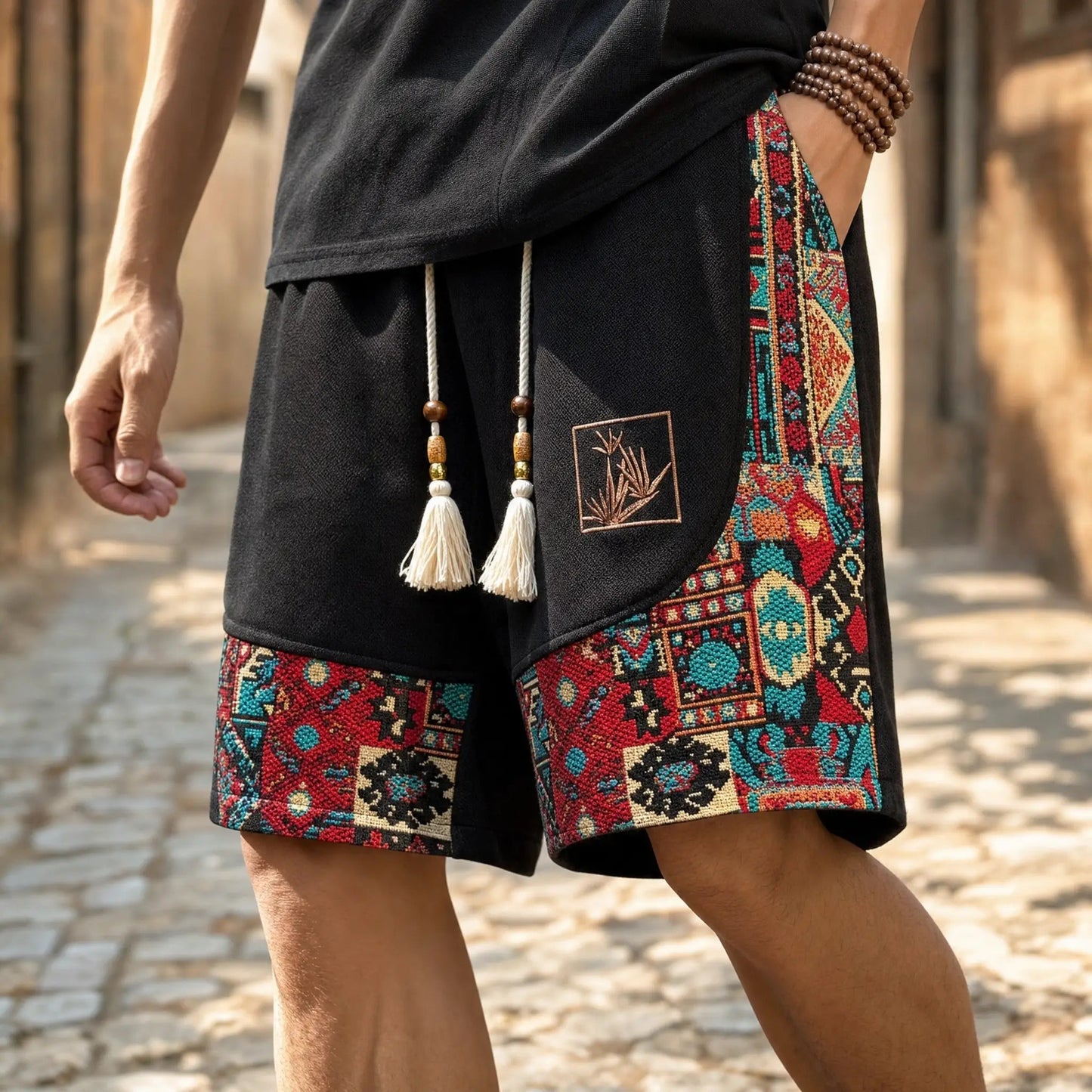 Men's Tapestry Print Shorts in Black - front view | Hensley London