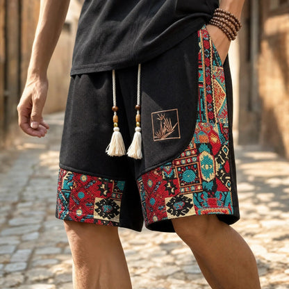 Men's Tapestry Print Shorts in Black - front view | Hensley London