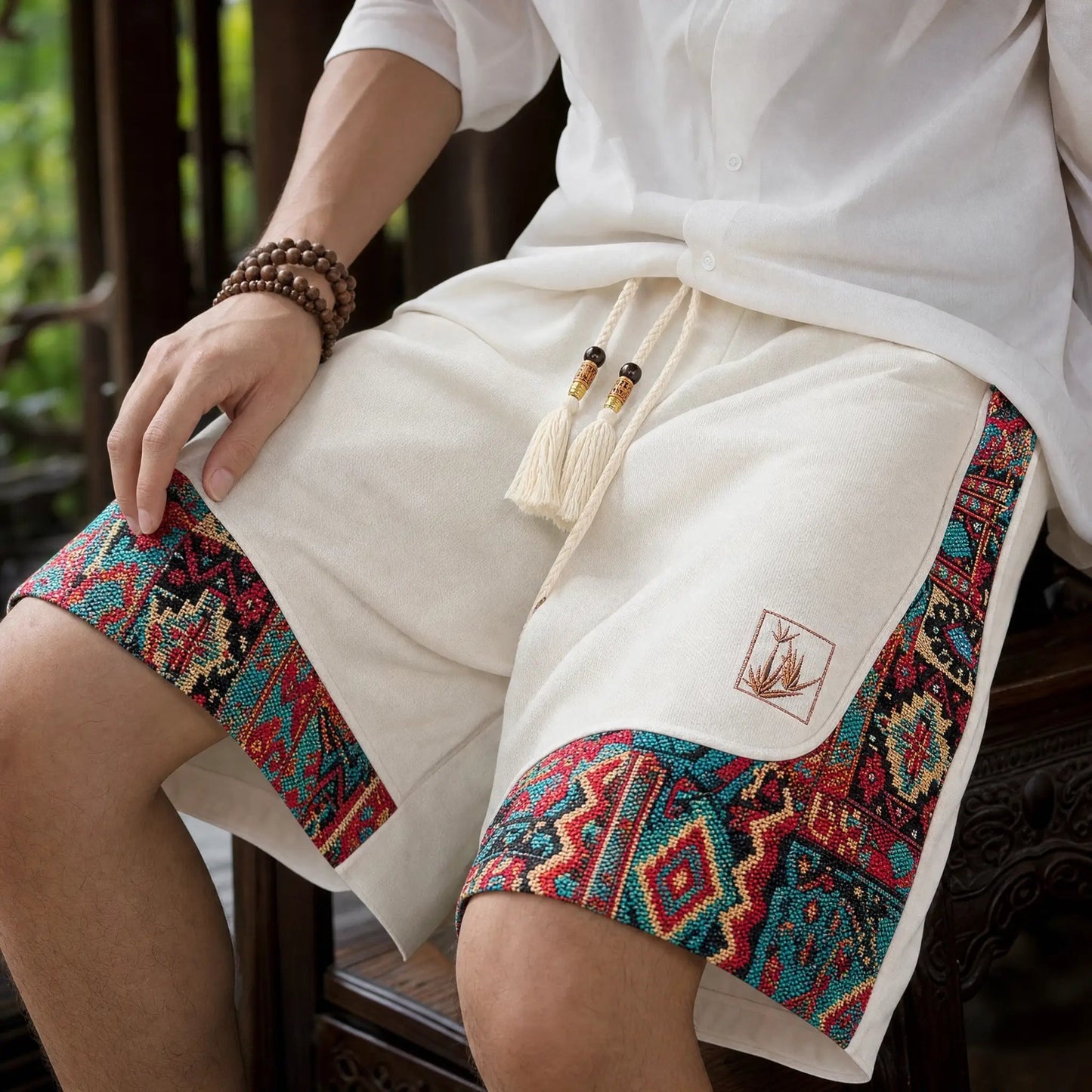 Men's Tapestry Print Shorts in White - front view | Hensley London
