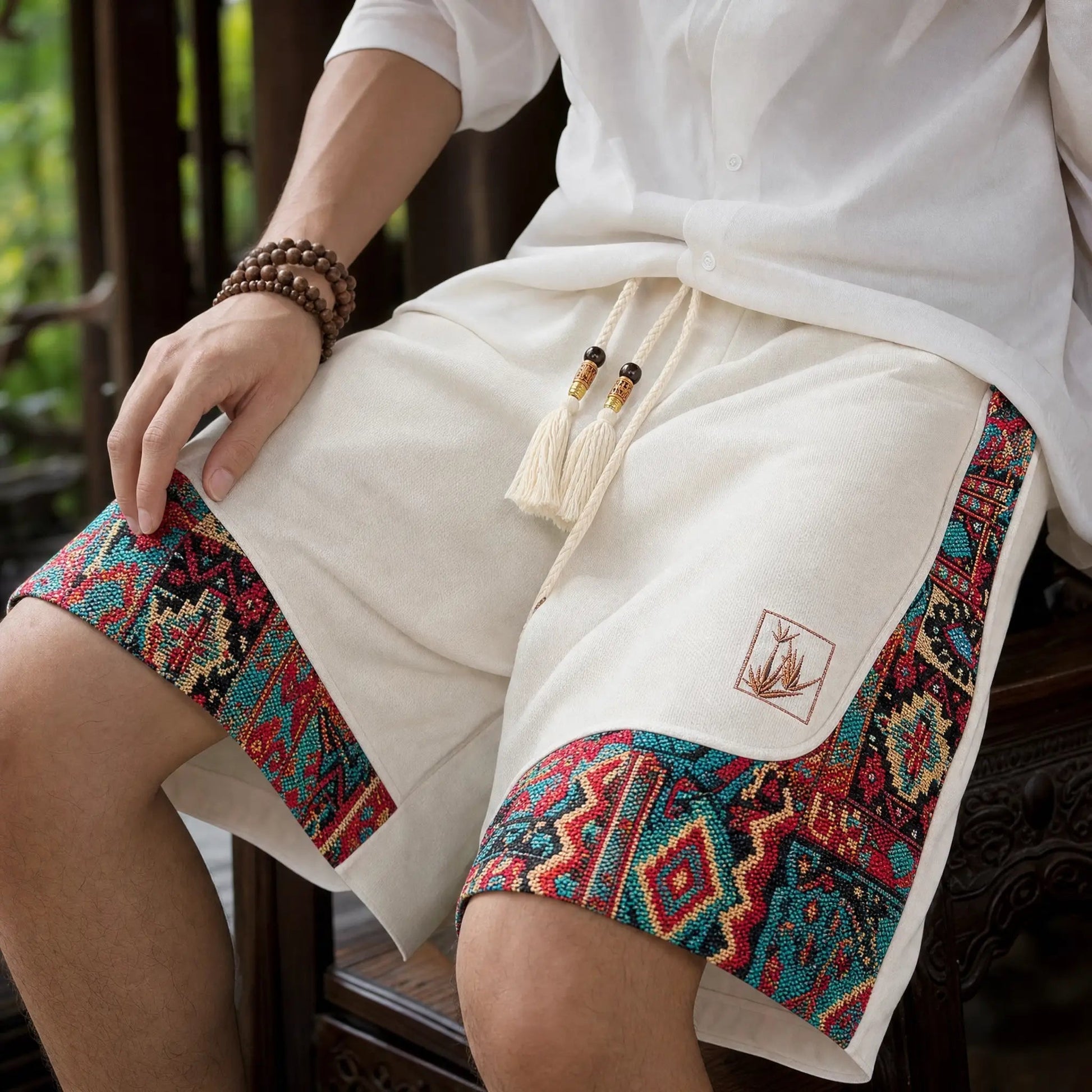 Men's Tapestry Print Shorts in White - front view | Hensley London