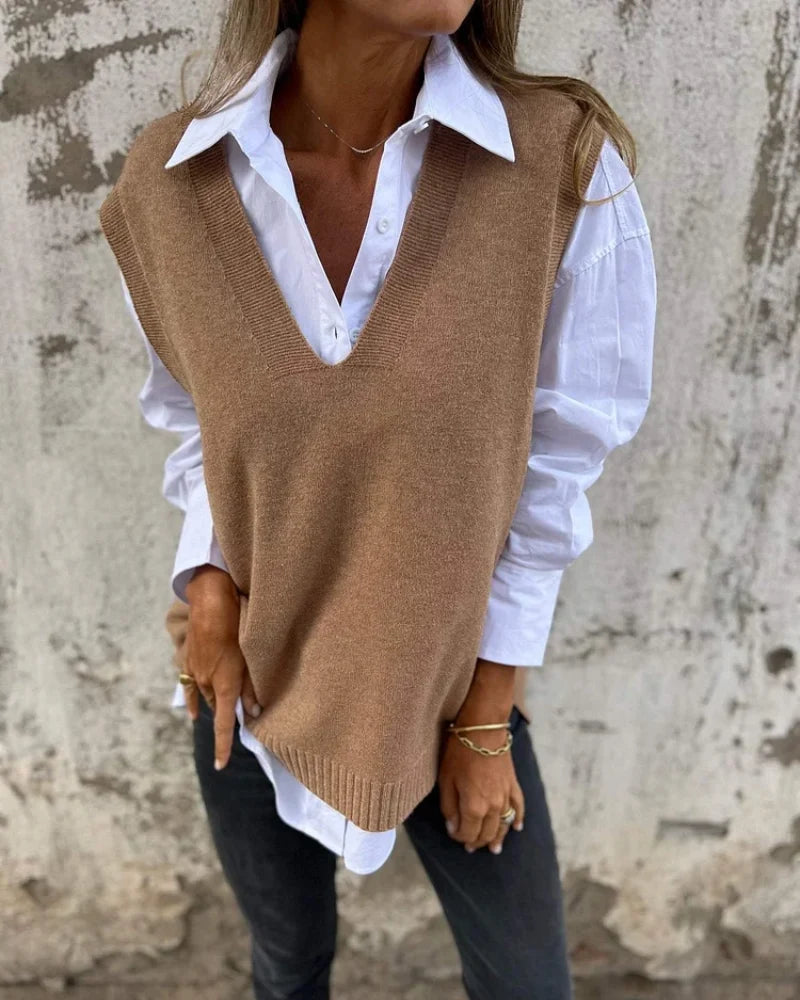 Women's V-Neck Knitted Layering Vest in Brown – product view 1 | Hensley London
