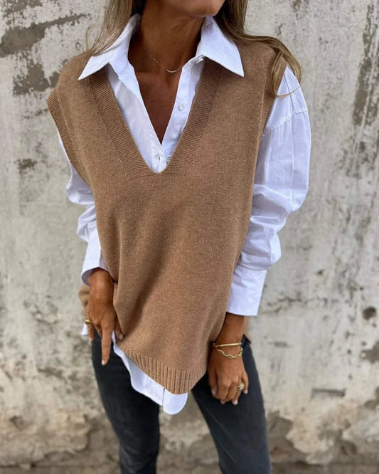 Women's V-Neck Knitted Layering Vest in Brown – product view 1 | Hensley London