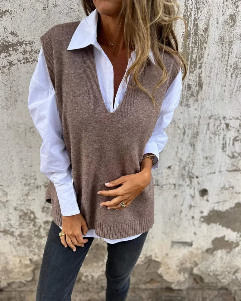 Women's V-Neck Knitted Layering Vest in Brown Grey – product view 3 | Hensley London