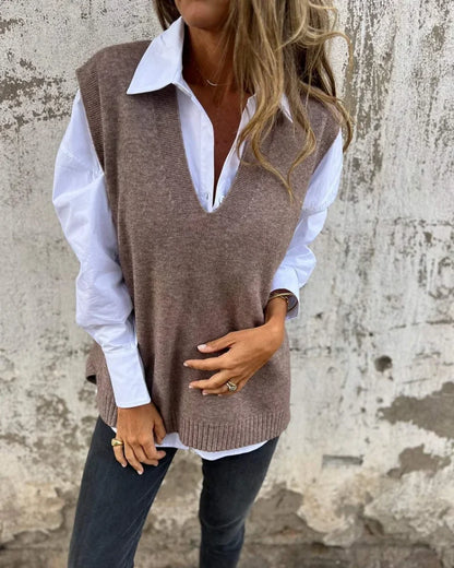 Women's V-Neck Knitted Layering Vest in Brown Grey – product view 3 | Hensley London
